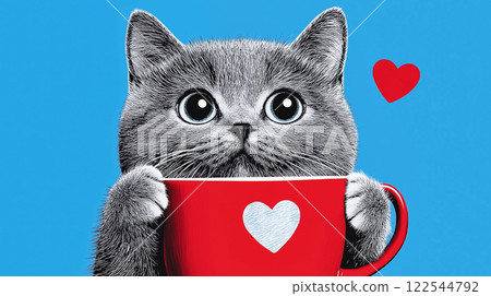 Adorable fluffy grey kitten with big round eyes holding a red mug decorated with a white heart, set against a vibrant blue background. A charming and heartwarming illustration perfect for love-themed 122544792