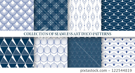Collection of seamless decorative geometric patterns - ornamental elegant design. Blue and white vintage repeatable backgrounds. Symmetry endless prints Collection of seamless decorative geometric patterns - ornamental elegant design. Blue and white vintage repeatable backgrounds. Symmetry endless prints 122544819