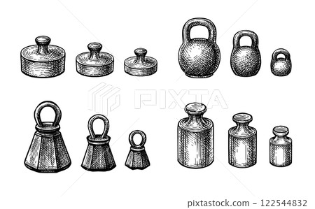 Collection of antique weights. Ink sketches 122544832