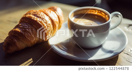 Croissant coffee breakfast. Golden pastry espresso cup. Cafe menu food photography. Warm sunlight minimal style white background 122544878