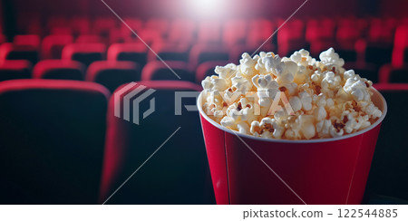 Popcorn bucket cinema. Red seats blurred background. Movie night entertainment food. Red cup close up dark background. 122544885
