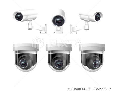 Security cameras on modern building. Professional surveillance camera. Security system, technology concept. Video equipment for safety system area control. Vector 122544907