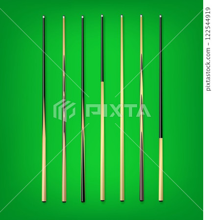 Billiard cues on green background. Snooker sports equipment. Vintage pool cue. Vector 122544919