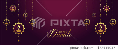happy diwali banner with decorative golden diya art 122545037