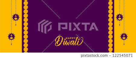 happy diwali decorative yellow purple banner with text space 122545071