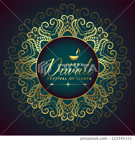 happy diwali golden mandala style card design 122545151