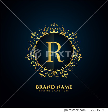 letter R logo concept with golden florals 122545199