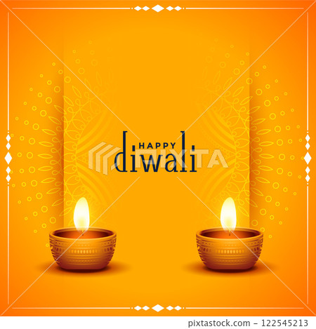 traditional happy diwali orange card with realistic diya traditional happy diwali orange card with realistic diya 122545213
