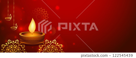 red happy diwali web banner with diya in golden style red happy diwali web banner with diya in golden style 122545439