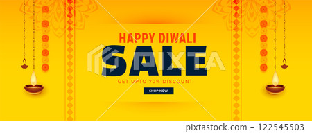 happy diwali yellow sale banner with flower and diya happy diwali yellow sale banner with flower and diya 122545503