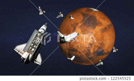 Multiple space shuttles orbiting Mars with a starry space background. 122545525