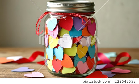A jar filled with colorful paper hearts, tied with red twine, evokes feelings of love and kindness, perfect for celebrating affection and joy 122545555
