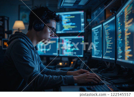 A dedicated male programmer working intently at multiple monitors, immersed in coding, with a modern workspace that reflects a tech-savvy environment ideal for technology-related themes 122545557
