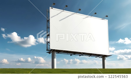 A large blank billboard stands in a grassy field under a clear blue sky, providing ample space for advertisements or artistic displays in a scenic location 122545563