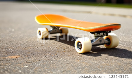 A vibrant orange skateboard rests on a smooth asphalt surface, showcasing its sleek design and sturdy wheels, perfect for skating enthusiasts and urban adventures 122545571