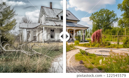 Before and After Slider Comparing Neglected Run Down House to Completed Custom Home with Lush Landscaping. Generative AI Images Used. Before and After Slider Comparing Neglected Run Down House to Completed Custom Home with Lush Landscaping. Generative AI Images Used. 122545579