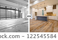 Before and After Slider Comparing Unfinished Construction to Completed Custom Home Interior. Generative AI Images Used. 122545584
