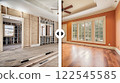 Before and After Slider Comparing Unfinished Construction to Completed Custom Home Interior. Generative AI Images Used. 122545585