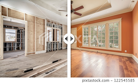 Before and After Slider Comparing Unfinished Construction to Completed Custom Home Interior. Generative AI Images Used. 122545585