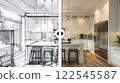 Before and After Slider Comparing Pencil Design Sketch to Completed Custom Kitchen Interior. Generative AI Images Used. 122545587