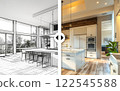 Before and After Slider Comparing Pencil Design Sketch to Completed Custom Kitchen Interior. Generative AI Images Used. 122545588