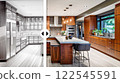 Before and After Slider Comparing Pencil Design Sketch to Completed Custom Kitchen Interior. Generative AI Images Used. 122545591