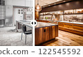 Before and After Slider Comparing Unfinished Construction to Completed Custom Kitchen Interior. Generative AI Images Used. 122545592