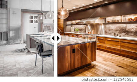 Before and After Slider Comparing Unfinished Construction to Completed Custom Kitchen Interior. Generative AI Images Used. 122545592