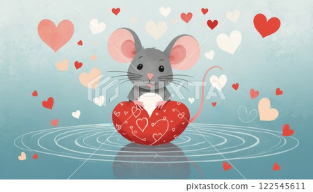 A cute mouse holds a big red heart, sitting on a wooden base. Perfect for Mother's Day or Valentine's Day with space for personal messages 122545611
