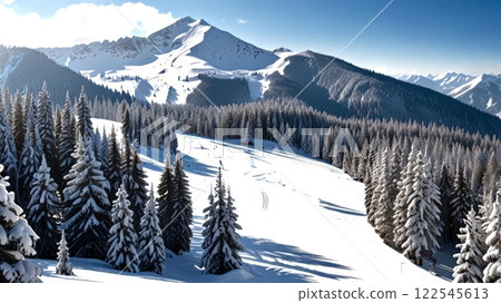 A breathtaking winter landscape featuring snow-covered mountains and tall pine trees under a clear blue sky, creating a serene and picturesque view. 122545613