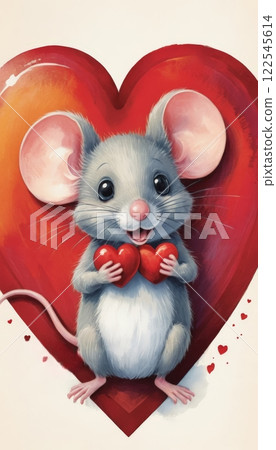 An adorable mouse holds two red hearts, beaming with joy. Perfect for Mother's Day and Valentine's Day, offering space for personal messages 122545614