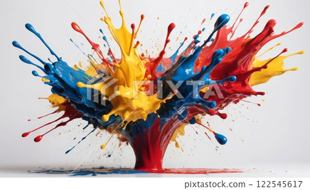 An explosion of vivid paint splashes in red, yellow, blue, and green creates a dynamic visual impact. The vibrant colors showcase creativity and energy in a stunning display. 122545617