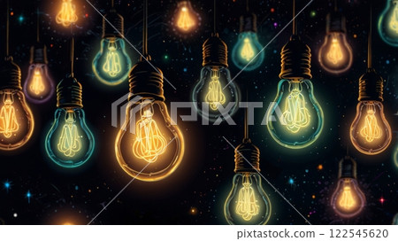 A vibrant and eclectic display of glowing light bulbs in various colors and designs against a starry backdrop, creating a stunning visual of warmth and creativity A vibrant and eclectic display of glowing light bulbs in various colors and designs against a starry backdrop, creating a stunning visual of warmth and creativity 122545620