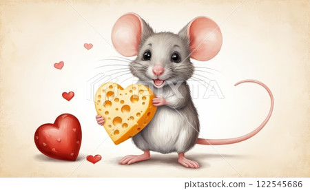 A cute mouse presents a heart-shaped cheese on a pastel background, ideal for Mother's Day, Valentine's Day, and International Women's Day, with space for custom text. 122545686