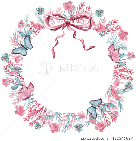 Floral watercolor frame with pink and blue flowers 122545687