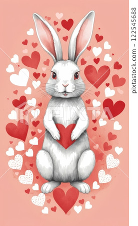 An adorable rabbit holds a heart with a playful expression, surrounded by colorful hearts. Perfect for Valentine's Day or Mother's Day, with room for custom text.  122545688