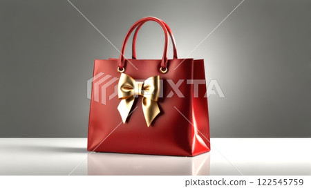 A stylish red gift bag with a large golden bow stands out against a simple background, symbolizing celebration, generosity, and thoughtful gifting, perfect for any occasion 122545759