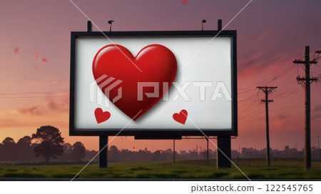 A vibrant billboard showcasing large red hearts against a stunning sunset. Perfect for love messages, Valentine's promotions, or romantic themes 122545765