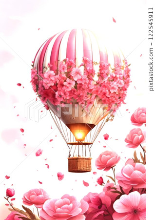 A beautifully decorated hot air balloon, enveloped in pink flowers, floats gently amid pink petals, embodying whimsy and floral elegance 122545911