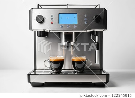 A sleek espresso machine showcasing a digital interface and two cups of rich espresso, perfect for coffee lovers seeking quality and performance in brewing. 122545915