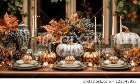 Elegant autumn-themed dinner table setting. 122545953