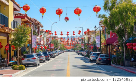 Street decorated with red lanterns for celebration. Street decorated with red lanterns for celebration. 122545983