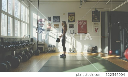 Woman lifting weights in a gym setting. 122546004