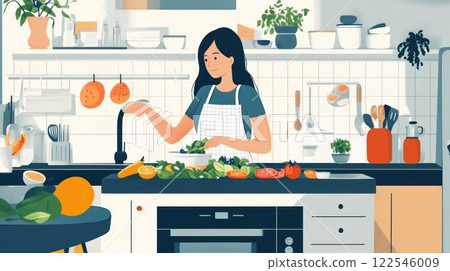 Woman cooking in a bright kitchen with fresh ingredients. Woman cooking in a bright kitchen with fresh ingredients. 122546009