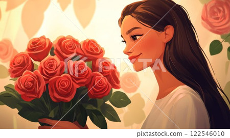 Woman smiling while holding a bouquet of roses. 122546010