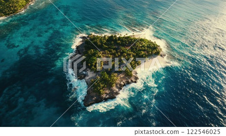 Aerial view of a tropical island surrounded by ocean. 122546025