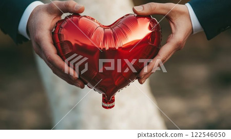Couple holding a red heart-shaped balloon. 122546050