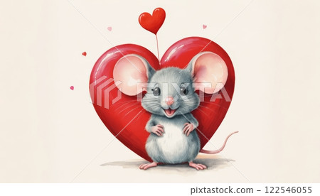 A cute mouse stands in front of a large red heart, showcasing joy and love. Perfect for Mother's Day or Valentine's Day, with space for personal messages A cute mouse stands in front of a large red heart, showcasing joy and love. Perfect for Mother's Day or Valentine's Day, with space for personal messages 122546055
