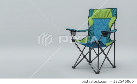 A vibrant blue and green folding chair suitable for camping, leisure, or outdoor events, ideal for showcasing comfort and versatility in casual settings 122546060