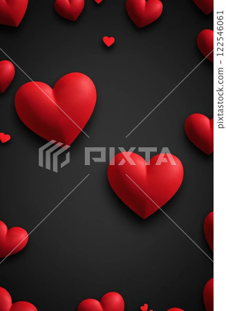 A vibrant arrangement of red hearts set against a dark background, perfect for expressing love and affection in romantic designs, greeting cards, and Valentine's Day themes 122546061